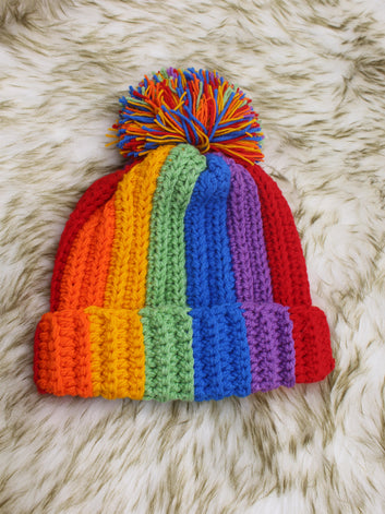 Hand-Crocheted Rainbow Striped Beanie Cap