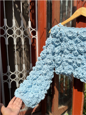 Hand-Crocheted 3D Floral Rosette Crop Sweater | Sky Blue Open-Knit Long Sleeve Pullover